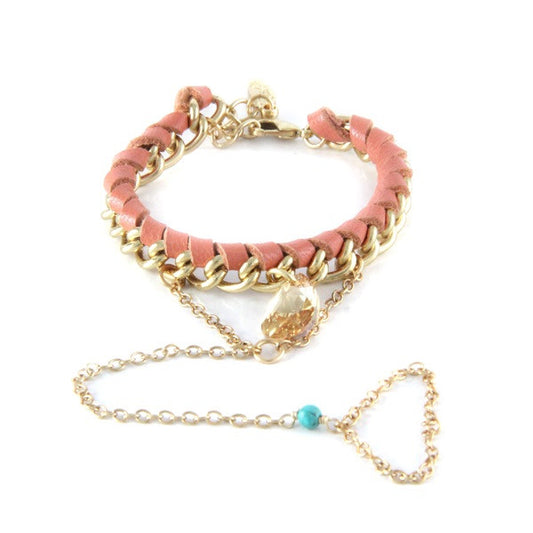 Ettika Leather Chain Tear Drop Crystal Bracelet with Finger Sling Peach Salamander