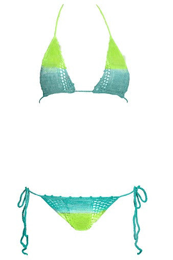Crochet Bikini Set in Turquoise With Emerald Green and White Accents 