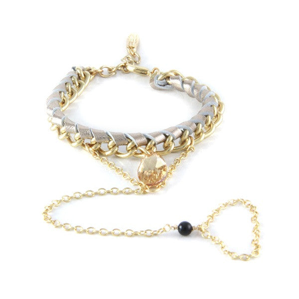 Salamander Bikini Ettika Leather chain Tear drop Crystal Bracelet with Finger Sling Gold